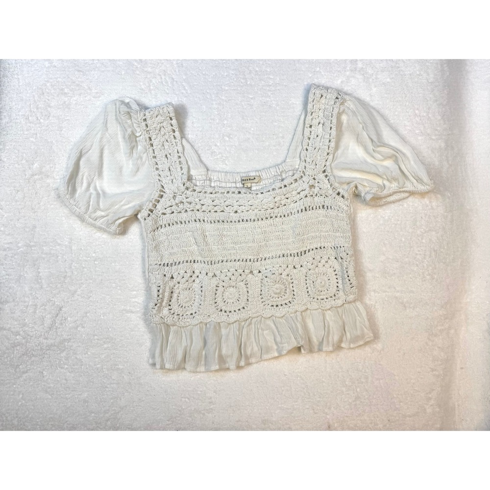 Sim + Sam Cropped shirt Puff Sleeve Crochet L peasant festival cottagecore fairy